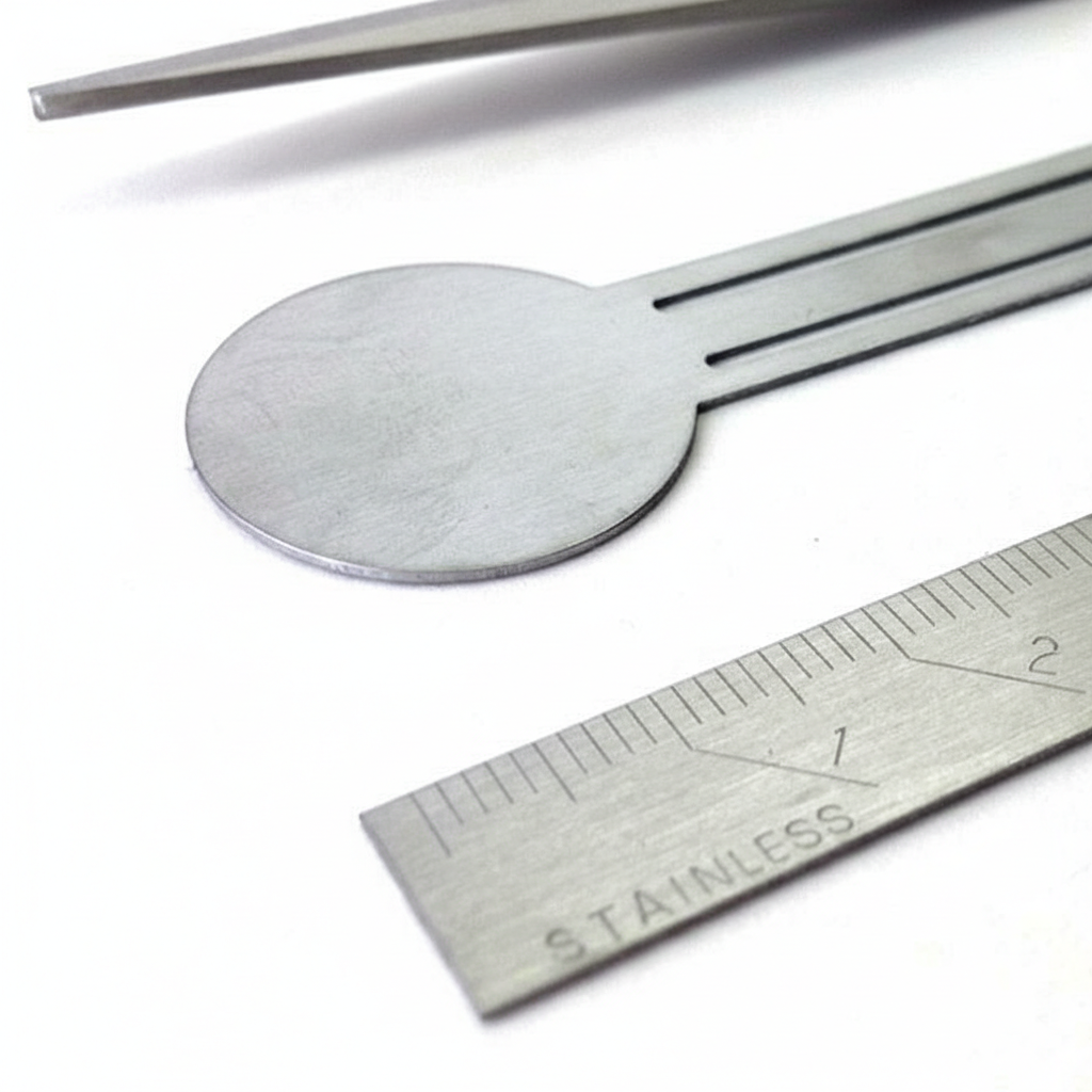 Flat lay of the V-ROAD Ultra-Thin Recycled Stainless Steel Stationery Set on a white background. The set includes a 10cm straight ruler, minimalist round-handle scissors, and a bookmark clip, all featuring a matte brushed silver finish.