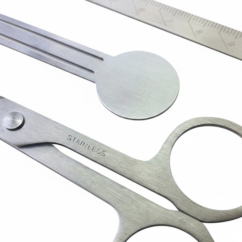 Close-up detail of the V-ROAD Ultra-Thin Stationery Set, focusing on the circular head of the bookmark clip and the engraved measurement markings on the stainless steel ruler.