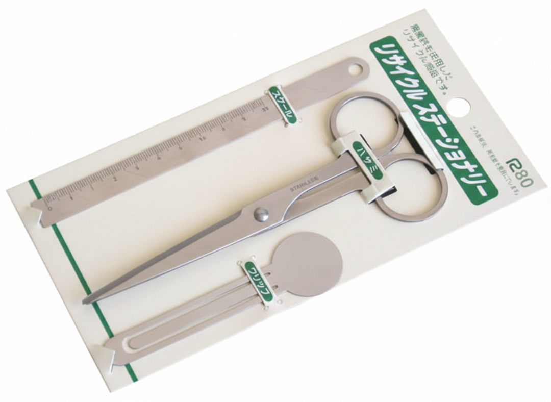 A V-ROAD Ultra-Thin Recycled Stainless Steel Stationery Set shown in its original packaging. The minimalist set features a flat-profile ruler, scissors, and a circular clip/bookmark, all crafted from recycled stainless steel and mounted on a white card with green Japanese branding.