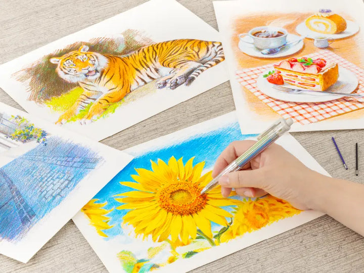 Artist sketching on thin notebook paper with Pentel Multi 8 2.0mm lead holder showing zero bleed-through.