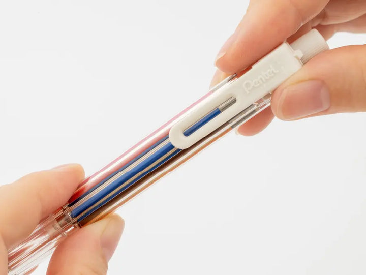 Close up of Pentel Multi 8 gravity-select clutch mechanism and transparent barrel showing 8 internal lead chambers.