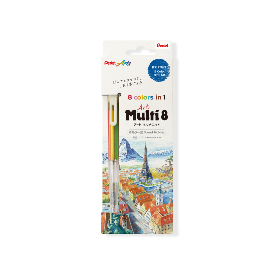 Pack of Pentel Art Multi 8 colored pencils with a scenic illustration on the packaging.
