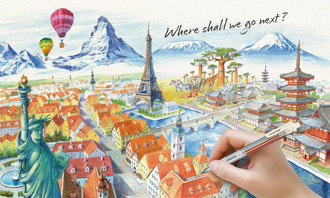 Promotional image for Art Multi 8 with a hand holding a pen and colorful illustrations of landmarks.