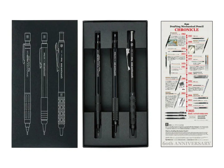 Pentel 60th Anniversary Limited Set Packaging with History Timeline and 3 Black Pencils