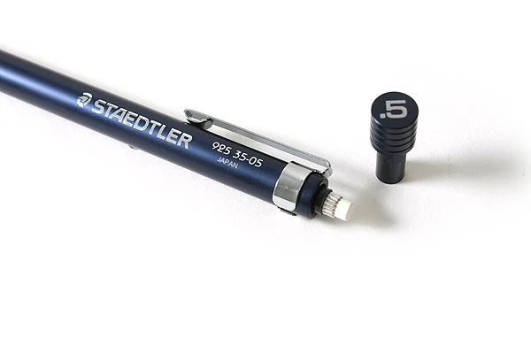 Close up of Staedtler 925 35 Night Blue grip and lead indicator.
