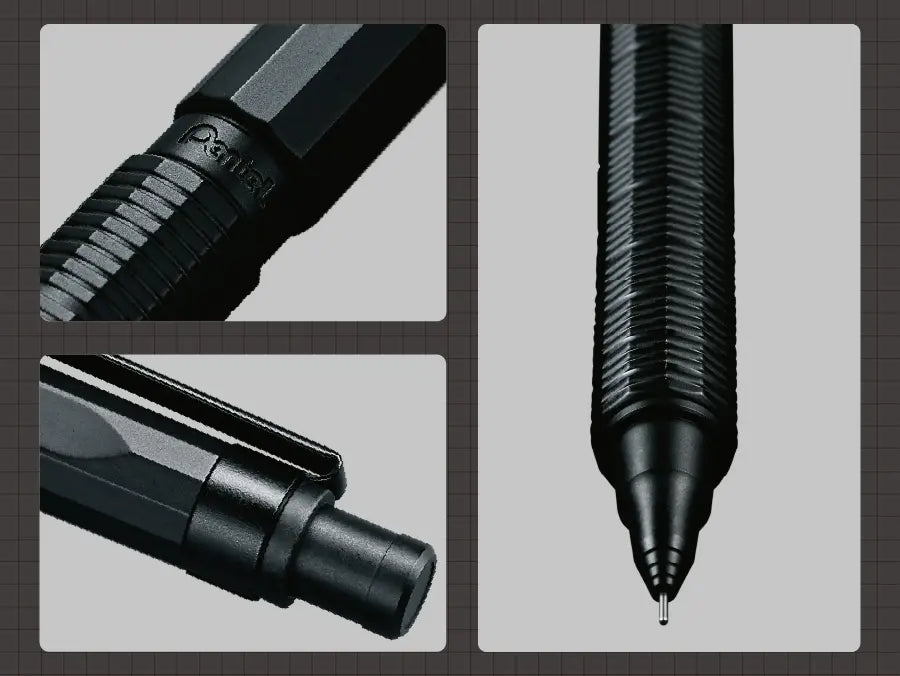 Pentel Orenz Nero Automatic Mechanical Pencil with detailed design on a gray background