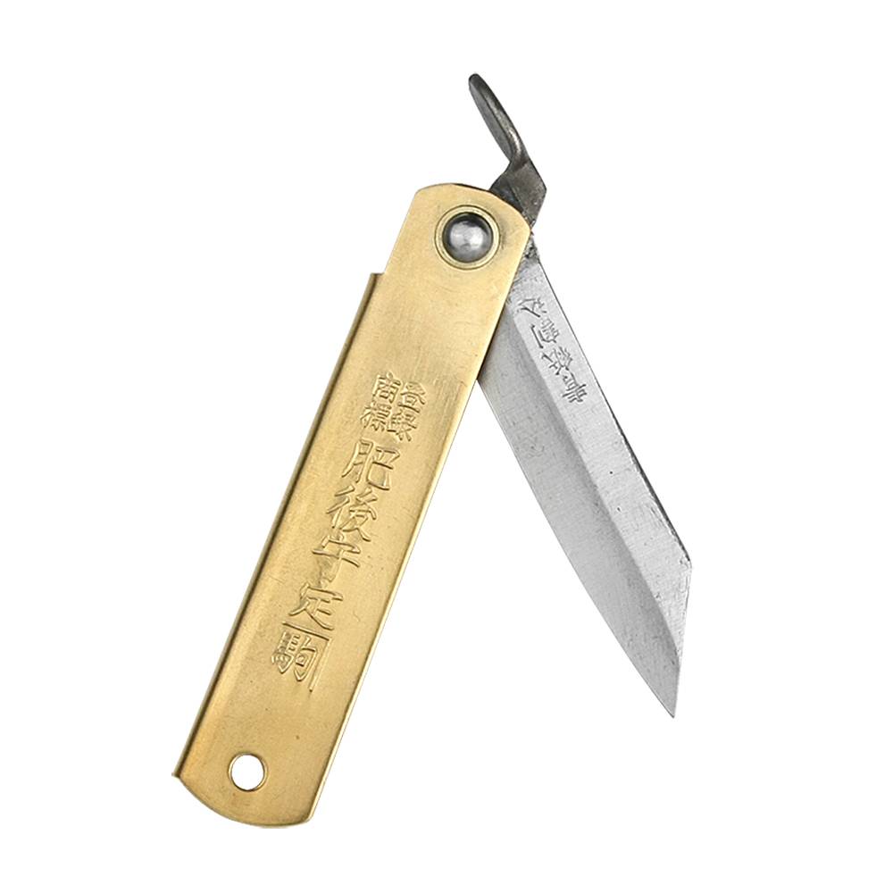 Partially deployed Higonokami S friction folder pocket knife highlighting the traditional chikiri thumb lever and solid brass handle.