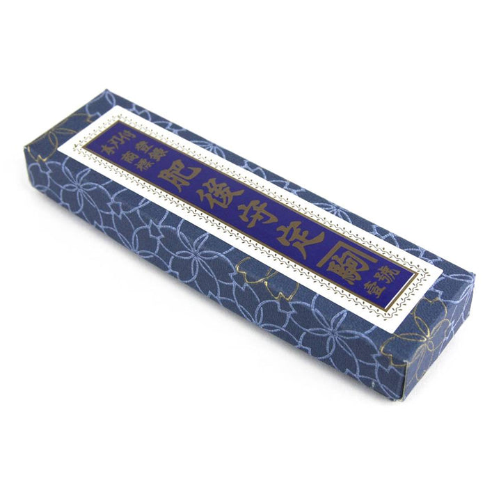 Traditional blue patterned gift box packaging for the authentic Nagao Kanekoma Higonokami Brass S Japanese knife.