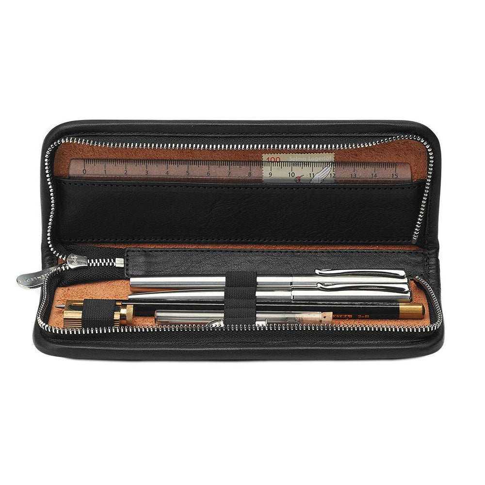 Interior view of the open Sonnenleder Kluge pencil case in Black, featuring 5 secure woven loops, eraser loop, and the dedicated leather compartment for a 17 cm ruler, stamps, and notes.